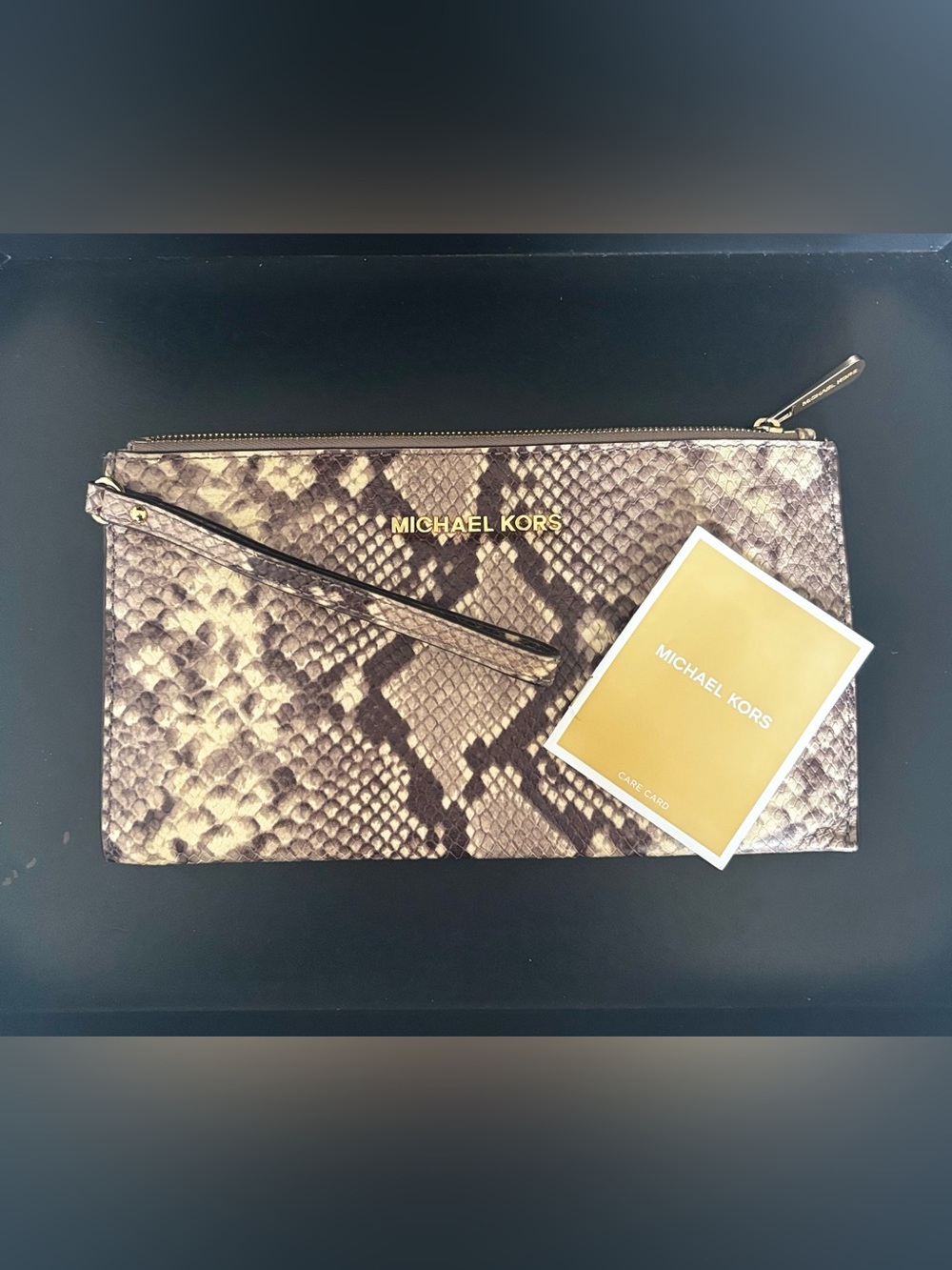 Michael Kors Snake-Print Wristlet Clutch in Brown and Tan